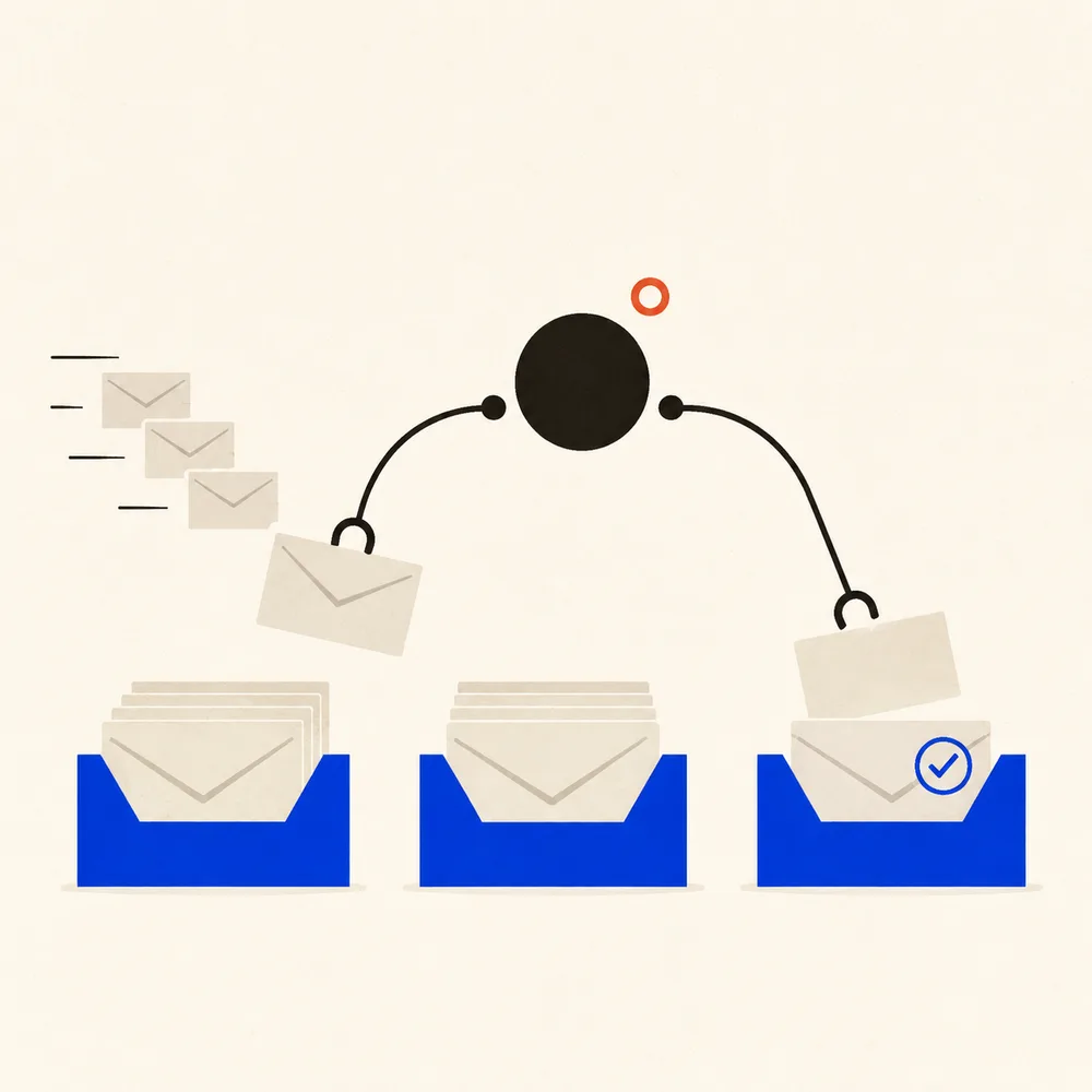 Automate stylisé triant un flux d'enveloppes en files ordonnées et validées — agent IA de tri et de qualification