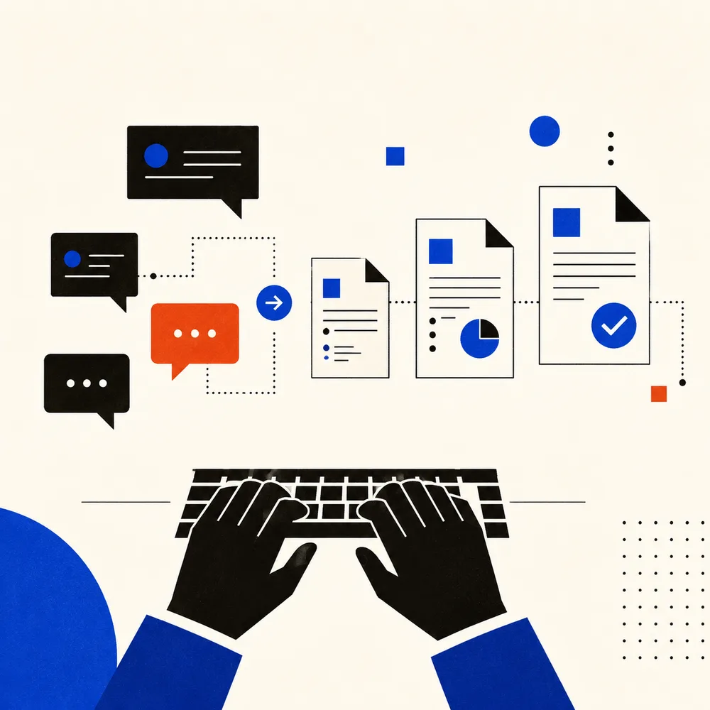 Mains sur un clavier entourées d'annotations qui deviennent des documents finis — formation IA pratique sur les cas réels de l'entreprise