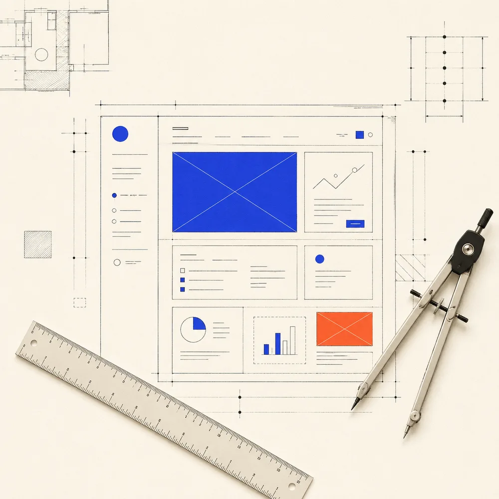 Plan d'architecte d'une interface d'application métier avec règle et compas — développement de logiciel IA sur mesure